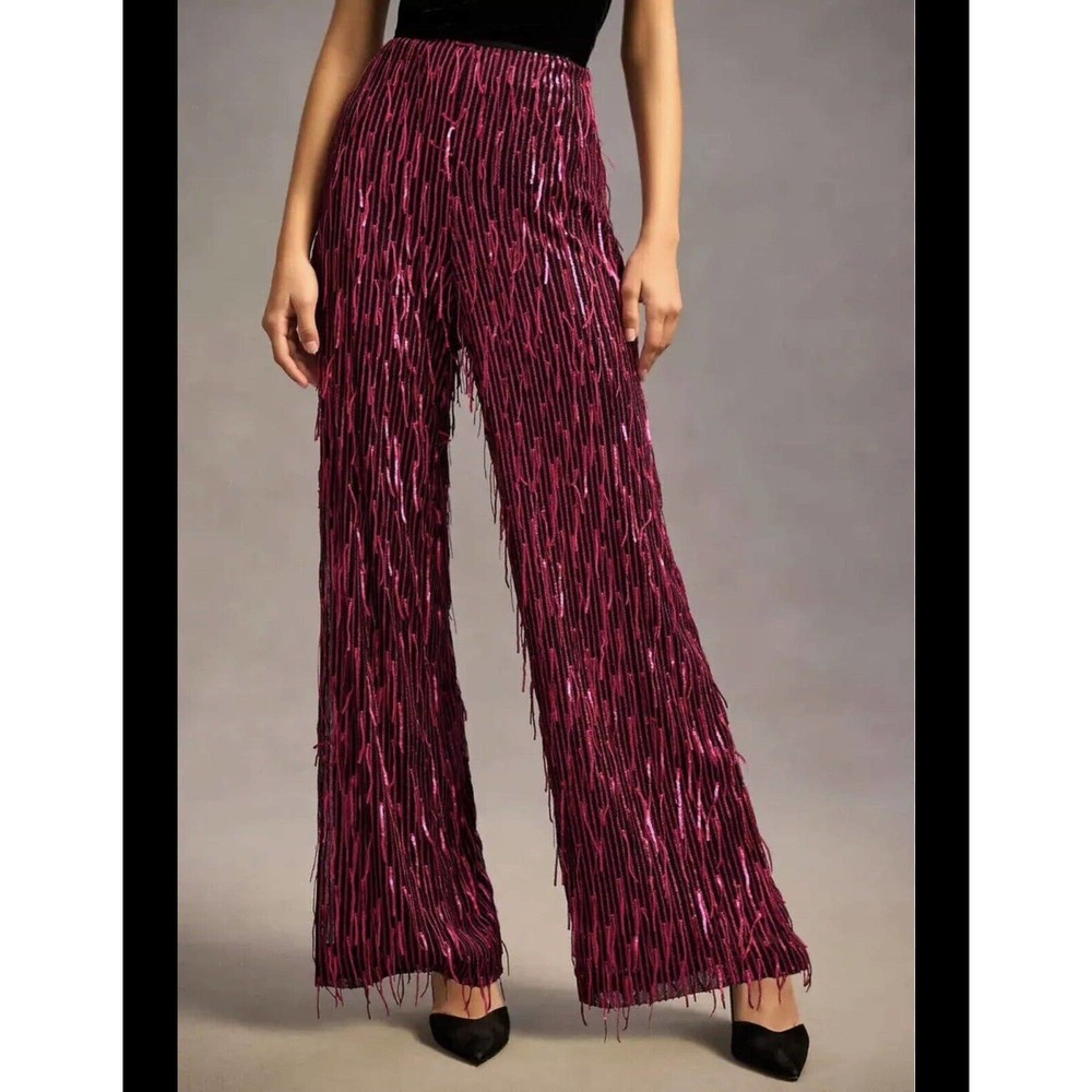 Anthropologie Burgundy Sequin Straight Leg Pants